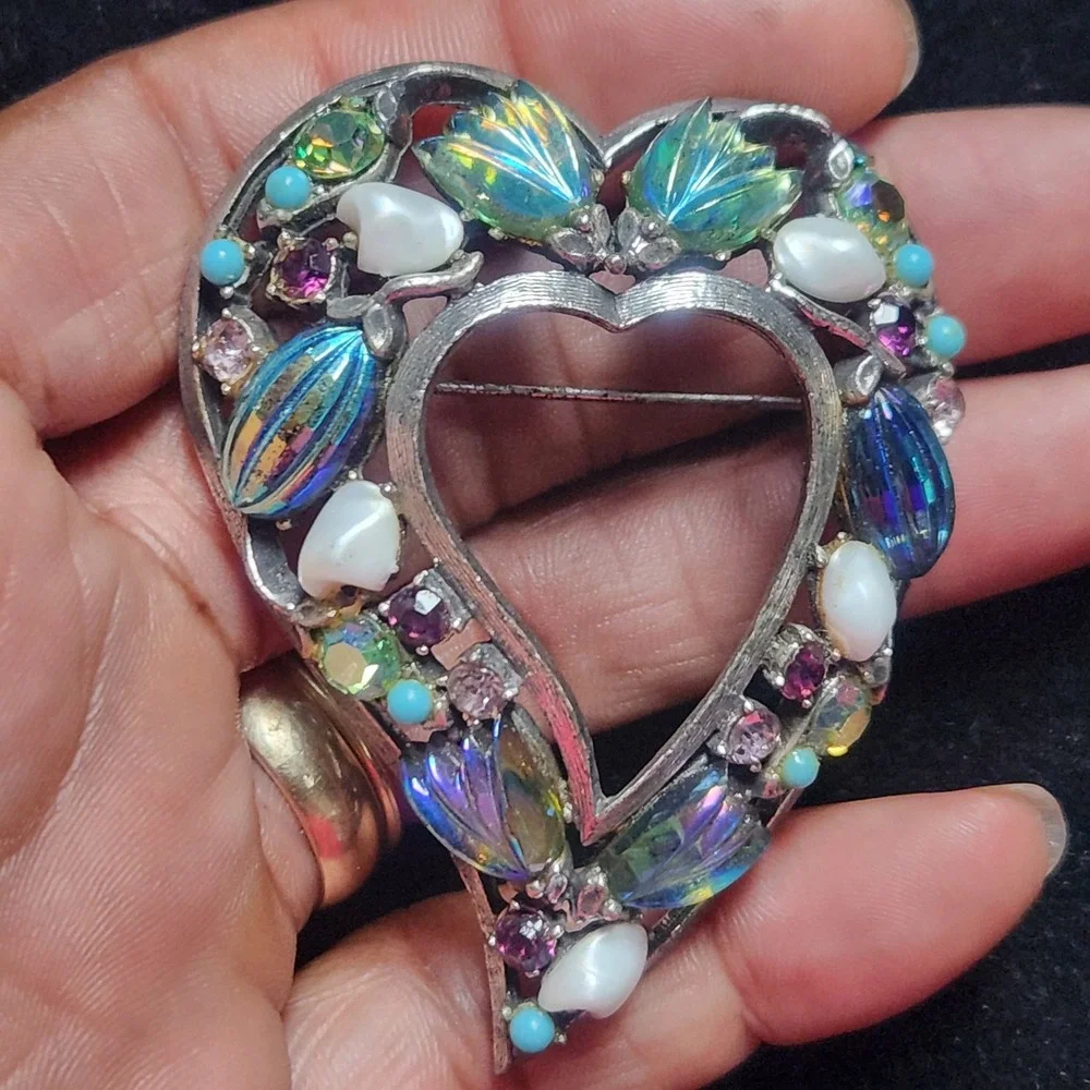 Vintage Florenza Heart Brooch Silver Tone Blue AB Rhinestone and stone Pin